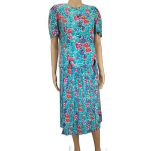90s Vintage Leslie Fay Dresses Blue Floral Two 2 Piece Pleated Skirt Set Size 6P